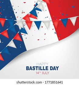 Bastille Day. July 14th France national holiday celebration banner or flyer decor. Blue, white, and red french flag and bunting. Vector illustration with lettering.