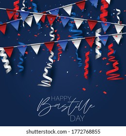 Bastille Day. July 14th France national holiday celebration banner or flyer decor. Blue, white, and red french flag bunting. Vector illustration with lettering.