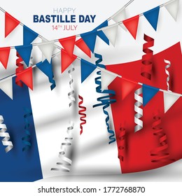 Bastille Day. July 14th France national holiday celebration banner or flyer decor. Blue, white, and red french flag and bunting. Vector illustration with lettering.