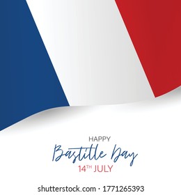 Bastille Day. July 14th French national holiday celebration banner or flyer decor. Blue, white, and red tricolor waving  flag of France. Vector illustration with lettering.