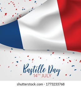 Bastille Day. July 14th French national holiday celebration banner or flyer decor. Blue, white, and red tricolor waving  flag of France. Vector illustration with lettering.