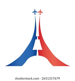 Bastille Day Logo in the form of flying sport aircraft at an air show with the silhouette of the Eiffel tower and the symbolism of the French flag.