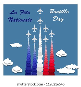 Bastille Day  Patrouille de France in the sky. Paper cut vector illustration of french text phrase ' La Fête Nationale ' .