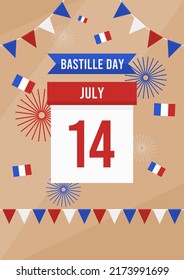 bastille day poster with calendar showing 14 july and some french flags for bastille day celebration