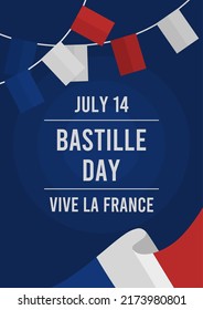 bastille day poster with french flag with red, white and blue hanging decoration