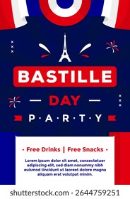 Bastille Day poster template with France flag color and an illustration of Eiffel tower on vertical dark blue background