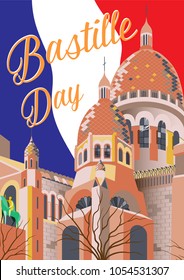 Bastille day poster. Vector hand drawn illustration. Sacre coeur, Paris, France. Text and flag on background.