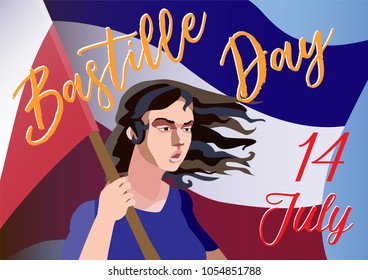 Bastille day poster. Vector hand drawn illustration. Girl with flag. Text and flag on background.