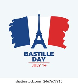 Bastille Day poster vector illustration. Grunge France flag icon vector. Template for background, banner, card. Paintbrush French flag and Eiffel Tower symbol. July 14 every year. Important day