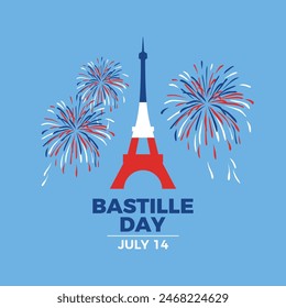 Bastille Day poster vector illustration. Eiffel Tower in colors of French flag icon. Template for background, banner, card. Eiffel Tower with fireworks symbol. French National Day. July 14 every year