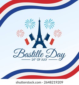 Bastille Day poster vector illustration. Eiffel Tower with fireworks symbol. French National Day. July 14 every year. Template for background, banner, card.