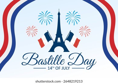 Bastille Day poster vector illustration. Eiffel Tower with fireworks symbol. French National Day. July 14 every year. Template for background, banner, card.