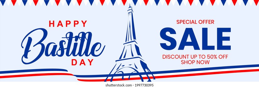 Bastille Day Sale special offer banner. Bastille time season background with hand lettering and Bastille blue red for business