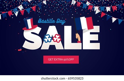 Bastille day Sale vector illustration. Sale poster with confetti, bunting flags, text and hat. 