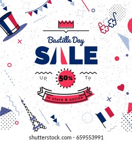 Bastille day  Sale vector illustration. Sale poster with geometric shapes. Vector background in retro 80s, 90s memphis style.