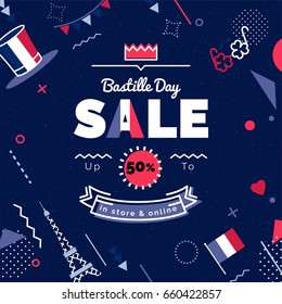 Bastille day  Sale vector illustration. Sale poster with geometric shapes. Vector background in retro 80s, 90s memphis style.