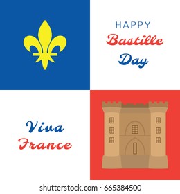Bastille Day. Symbols of France: the Lily and the Bastille fortress. Vector illustration.