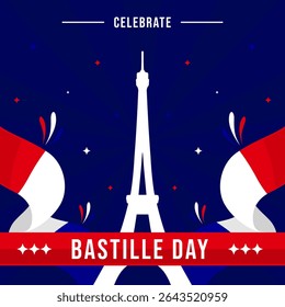 Bastille Day template greetings. France flag background perfect for Bastille Day celebration on July 14. Happy Bastille Day social media post with minimalist and flat design on dark blue background