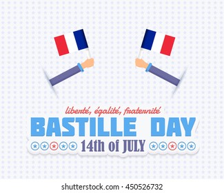 Bastille Day Theme Greeting Card Vector Design. Text "liberty, equality, fraternity" at English