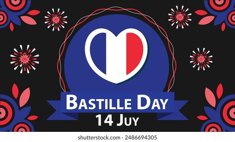 Bastille Day  vector banner design with geometric shapes and vibrant colors on a horizontal background. Happy Bastille Day modern minimal poster.