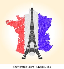 Bastille Day. Vector Eiffel Tower on the white background. 14th of July holiday.