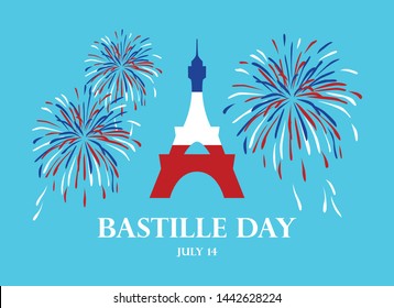 Bastille Day vector. Eiffel Tower with fireworks vector. Eiffel Tower in colors of French Flag vector. Bastille Day Poster, July 14. French national holiday. Important day