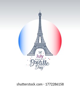 Bastille day-French National Day, 14th of July brush stroke banner in colors of the national flag of France with Eiffel tower and hand lettering Happy Bastille Day. Vector illustration.