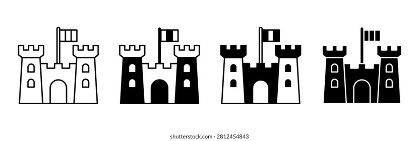 Bastille Fortress line and solid black icon representing the historic prison, French Revolution, Bastille Day, national history, heritage, freedom, and cultural identity.