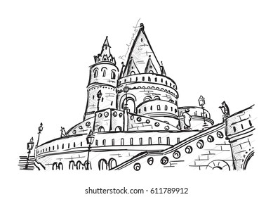 Bastion with details on the facade and the whole scene in Buda castle, Budapest, Vector, hand drawn