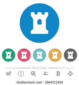 Bastion flat white icons on round color backgrounds. 6 bonus icons included.