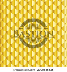 Bastion golden badge. Scales pattern. Vector Illustration. Detailed. 