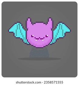 Bat in 8 bit pixel art. Pixel animals for game assets in vector illustration.