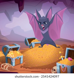 bat. angry scary cartoon bat standing in aggressive pose in cave with golden hills and different treasures