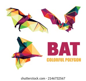 Ilustración animal mural en polos bajos de la polígona colorida. Bat en colorido abstracto. Colección del logotipo del barco volador