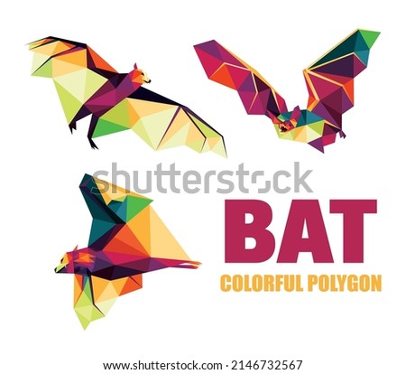 Bat Animal Illustration Set in Colorful Polygonal low poly. Bat in Colorful abstract. Collection of Flying Bat Logo