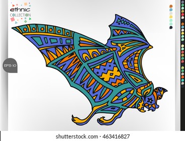 Bat.  Animal patterns with hand-drawn doodle waves and lines. Vector illustration in bright colors.