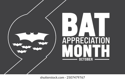 Bat Appreciation Month on October. Illustration of bats flying at night with big full moon and clouds with bold text to commemorate 