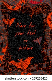 Bat background with empty space for text on black background. Halloween card or invitation. Vertical banner with fantasy frightful creature with fish tale on abstract feather background. Vector