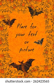 Bat background in orange and black colors. Halloween card or invitation with empty space for text. Vertical banner with fantasy frightful creature with fish tale on abstract feather background. Vector