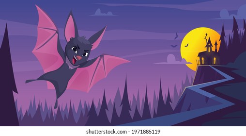 Bat background. Scary flying wild animal in night landscape exact vector cartoon illustrations of bat mouse mascot