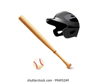 Bat, ball and baseball helmet object