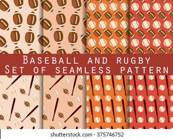 Bat and ball. Baseball and rugby. Set of seamless patterns. For wallpaper, bed linen, tiles, fabrics, backgrounds. Vector illustration.