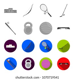 A bat with a ball for baseball, a weight for muscles, a ball for playing, a bench for fitness. Sport set collection icons in monochrome,flat style vector symbol stock illustration web.