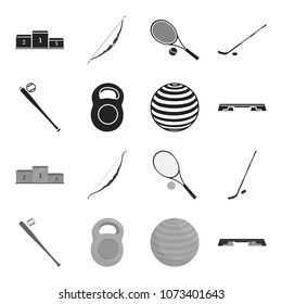 A bat with a ball for baseball, a weight for muscles, a ball for playing, a bench for fitness. Sport set collection icons in black,monochrome style vector symbol stock illustration web.