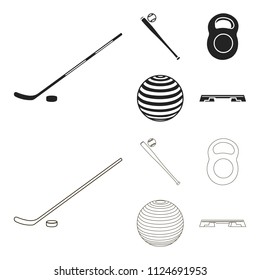 A bat with a ball for baseball, a weight for muscles, a ball for playing, a bench for fitness. Sport set collection icons in black,outline style vector symbol stock illustration web.
