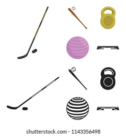 A bat with a ball for baseball, a weight for muscles, a ball for playing, a bench for fitness. Sport set collection icons in cartoon,black style vector symbol stock illustration web.