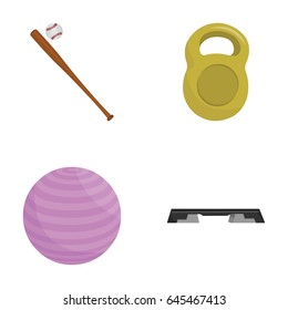 A bat with a ball for baseball, a weight for muscles, a ball for playing, a bench for fitness. Sport set collection icons in cartoon style vector symbol stock illustration web.
