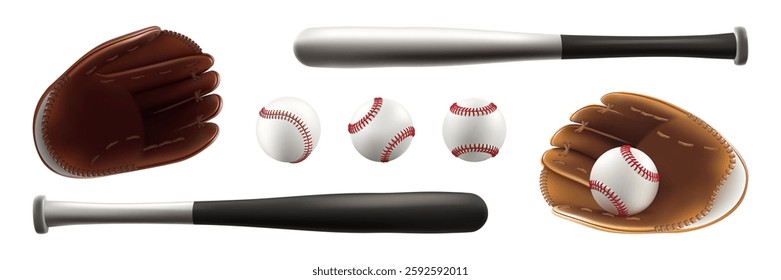 Bat, ball and glove baseball clipart. 3d player equipment vector set. Vintage isolated team logo mockup. Wooden steel stick, white softball, leather mitt base element texture. Pitcher sweepstakes tool