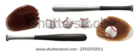 Bat, ball and glove baseball clipart. 3d player equipment vector set. Vintage isolated team logo mockup. Wooden steel stick, white softball, leather mitt base element texture. Pitcher sweepstakes tool