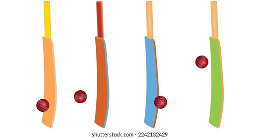 Ball und Ball, Vektorgrafik. benutzt für Cricket. Berührungskugel. 4-Stilmöbel. 4 Farben Fledermäuse schlagen den Ball in verschiedenen Stilen. roter Ball für eine Tageskrippe